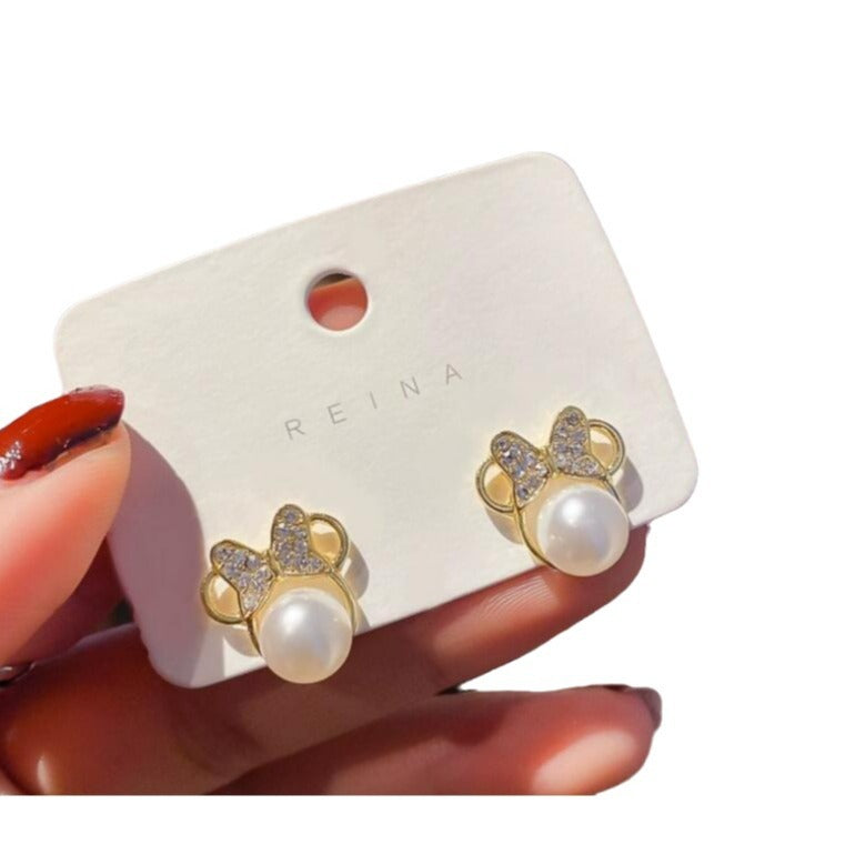 Wholesale Stainless steel rhinestone-encrusted cute bow pearl earrings